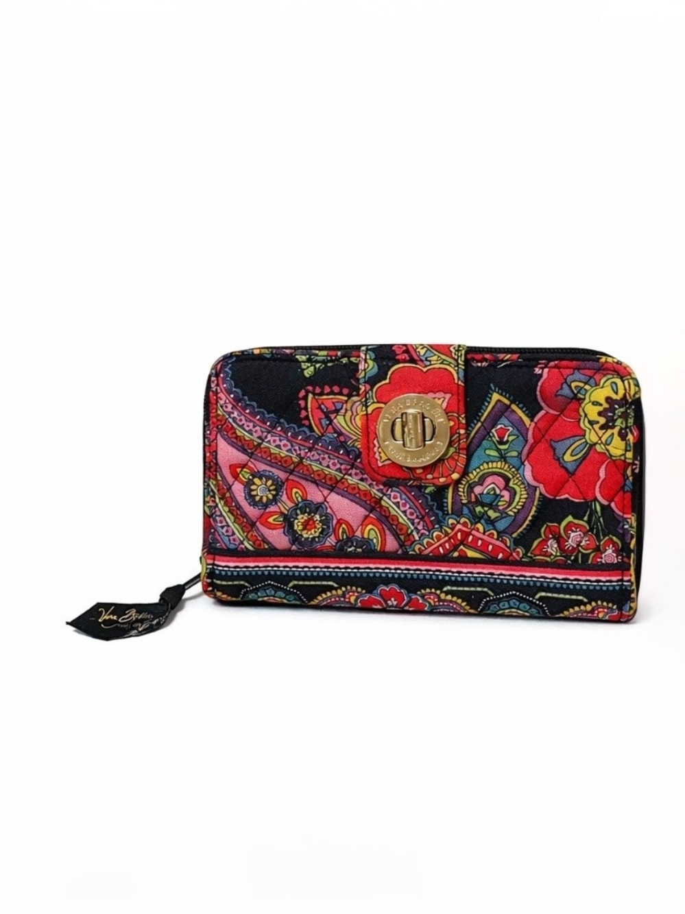 Vera Bradley Black Floral Paisley Quilted Wallet with Gold Turnlock